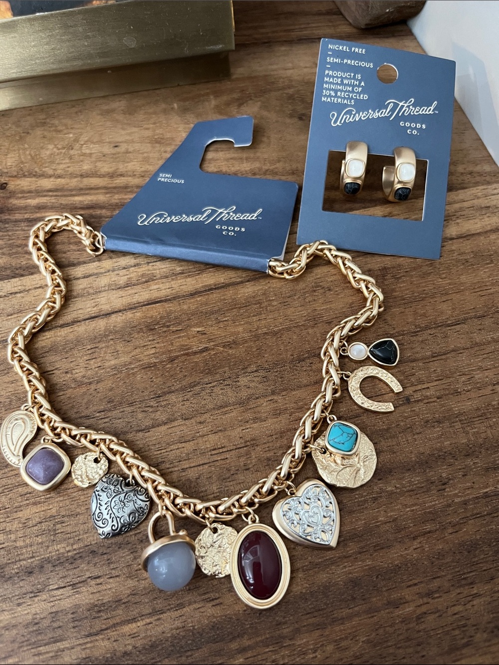 a new day Gold-tone Multi Stone Charm Necklace with Matching Gold Hoop Earrings